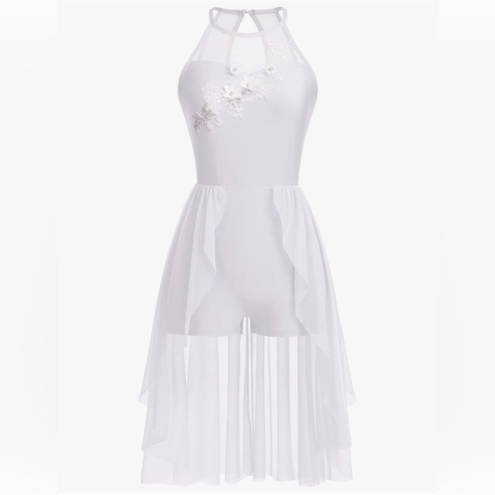NWT, White Dance Costume with Flowing Skirt, Leotard and Flowers, Size S